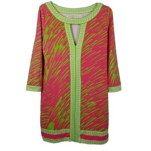 Tracy Negoshian Dress Keyhole Neckline Preppy Loose Retro Neon Print Cap Pocket